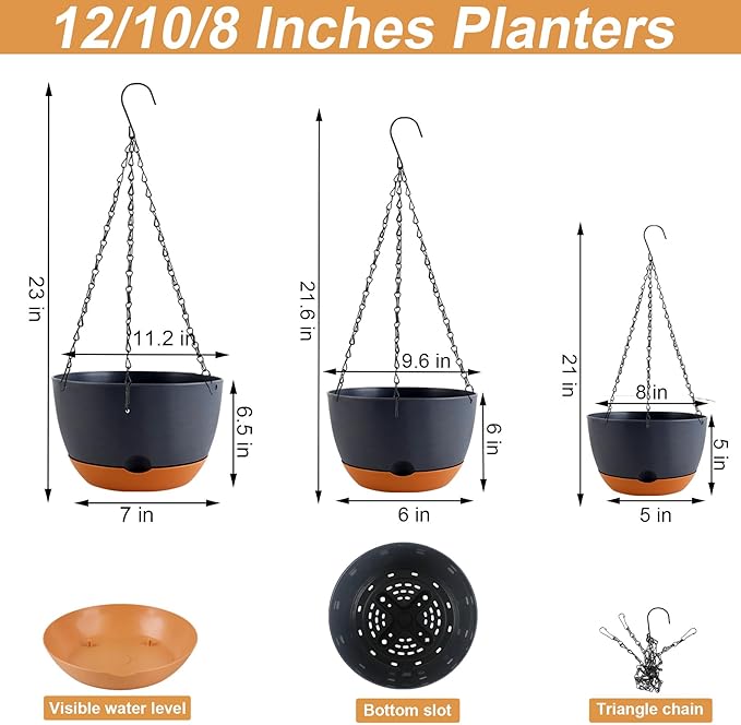 8/10/12 inch Plant Pot Hanging Planters Self Watering Pots for Indoor Plants, 3 Pack Plastic Hanging Basket with Removable Tray for Home Garden Porch Balcony Patio Decor(Black)