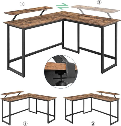 L Shape Computer Desk - Spacious 55 inch Corner Desk Home Office Desk Gaming Desk with Reversible Monitor Stand and Adjustable Feet, Easy Assembly, Rustic Brown