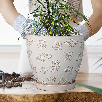 Ceramic Planter 8 Inch - White Plant Pot with Drainage Hole and Saucer Modern Flower Pot for Indoor Outdoor Plants