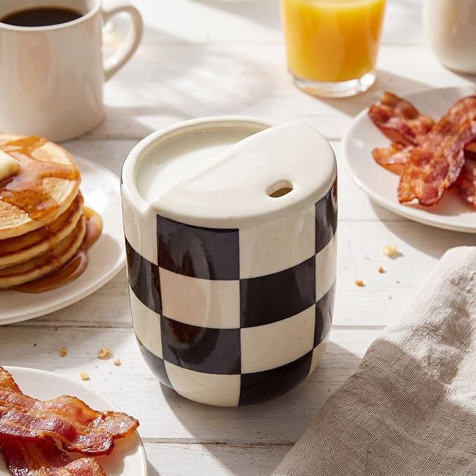 Ceramic Mug with Sip Hole 10 oz Novelty Checkered Coffee Mug | Hand Painted, Ceramic Cup, Heat Resistant, Non Slip, Built in One Lid Handcrafted Mugs for Coffee Lovers