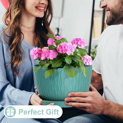 12 Inch Large Plant Pots for Indoor or Outdoor Plants, Wide Water Ripples Flower Pots with Drainage Holes & Saucer, Plastic Planters Set for Garden & Home Decor (Blue Green)