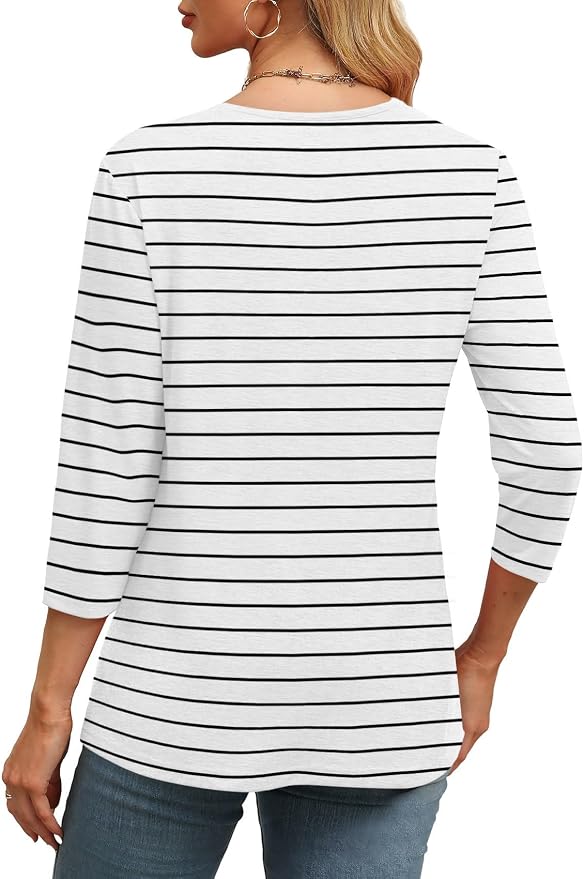 WIHOLL Womens Tops 3/4 Length Sleeve V Neck Casual Tunic Tops Basic Shirts Loose Fit Blouse