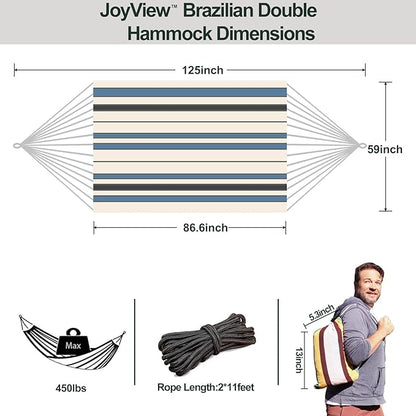 JoyView Brazilian Double Hammock with Hanging Ropes Extra Large 86.6x59” Portable Cotton Hammock for Patio Backyard Porch 450LBS Weight Capacity Perfect for Outdoor/Indoor - Blue & White Stripes