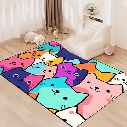 Cat Rug for Girls Bedroom - Cat Area Rug Cartoon Cat Rug Carpet for Kids Room Cute Cat Rugs Room Decor Colorful Anime Rug with Cat Printed, 4.5x6 Feet