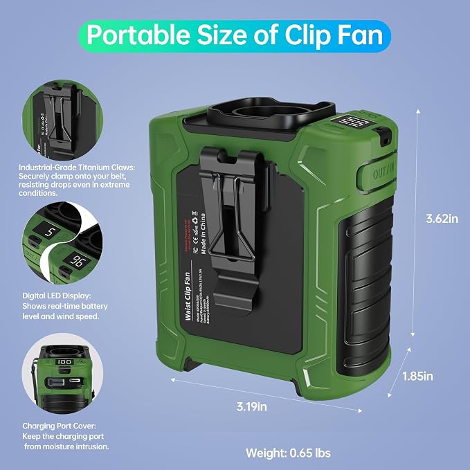 Waist Fan, 10000mAh Rechargeable Belt Clip Fan, 59ft/s Turbo Airflow, 18500RPM 6-Speed, Up to 35H, 8-in-1 Hands-Free Personal Fan with Bottom Air Intake, LED SOS Light for Travel, Camping, Daily Use