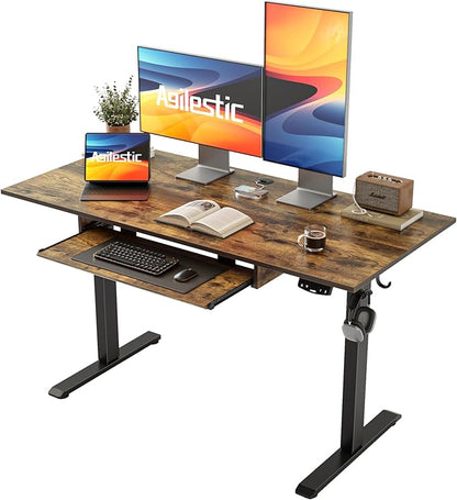 Height Adjustable Desk with Keyboard Tray, 48 x 24 Inches Electric Standing Desk, Stand up Computer Table with Memory Preset, Modern Lift Motorized Gaming Workstation, Rustic Brown