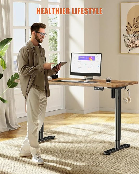 Electric Standing Desk Adjustable Height Stand Up Desk, 55" x 24" Sit Stand Desk, Low Noise Home Office Desk, Computer Desk with Splice Board, Child Lock & Memory Function, Rustic Brown