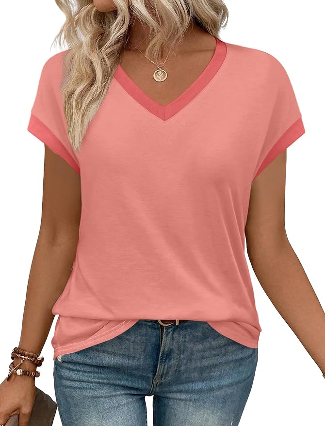 WIHOLL Womens Summer Tops 2026 Cap Short Sleeve Shirs V Neck T Shirts Fashion Beach Vacation Clothes Color Block