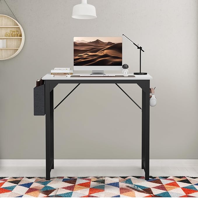SMUG Computer Desk 32 Inch Home Office Writing Wood Storage Bag & Headphone Hook Small Spaces Simple Bedroom Work Study Kids Table, White