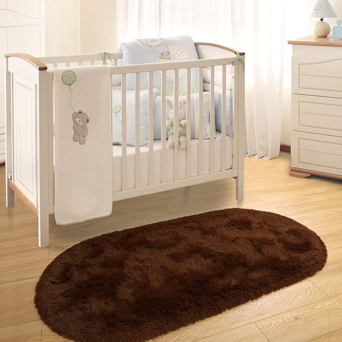 Merelax Soft Shaggy Rug for Kids Bedroom Oval 2.6'x5.3' Brown Plush Fluffy Carpet for Living Room, Furry Carpet for Teen Girls Room, Anti-skid Fuzzy Comfy Rug for Nursery Decor Cute Baby Play Mat