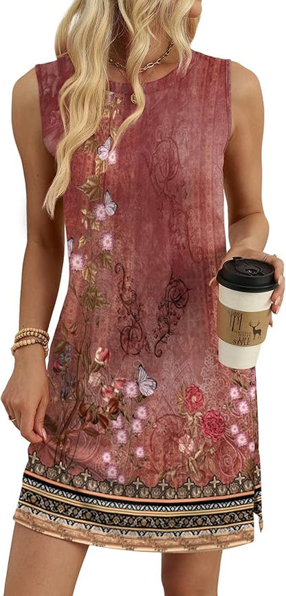 WIHOLL Casual Dresses for Women Crewneck Sleeveless Tank Dress Summer Spring Boho Vacation Clothes