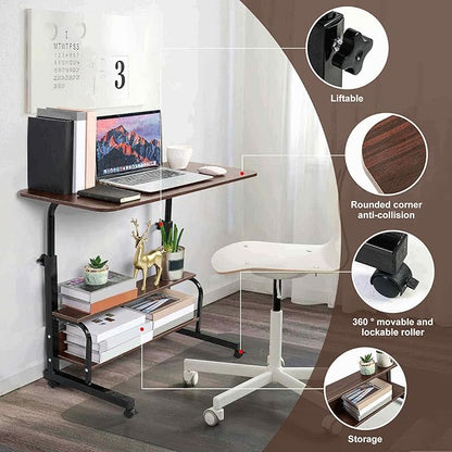Adjustable Mobile Laptop Desk Home Office Desk Detachable Wheels Desk Portable Height Mobile Bedside Table Veranda Office Desk Additional Storage Rack Small Spaces Desk Size 15.7x31.5'Brown