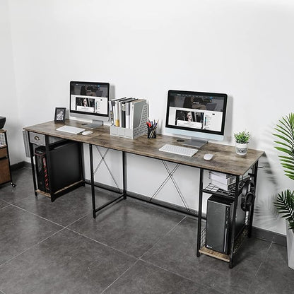 X-cosrack 2 Person Desk Large L-Shaped Computer Desk with Storage Shelves Drawer, Home Office Writing Corner Desk, Long Desk PC Laptop Workstation with Hooks Storage Bag Cable Hole