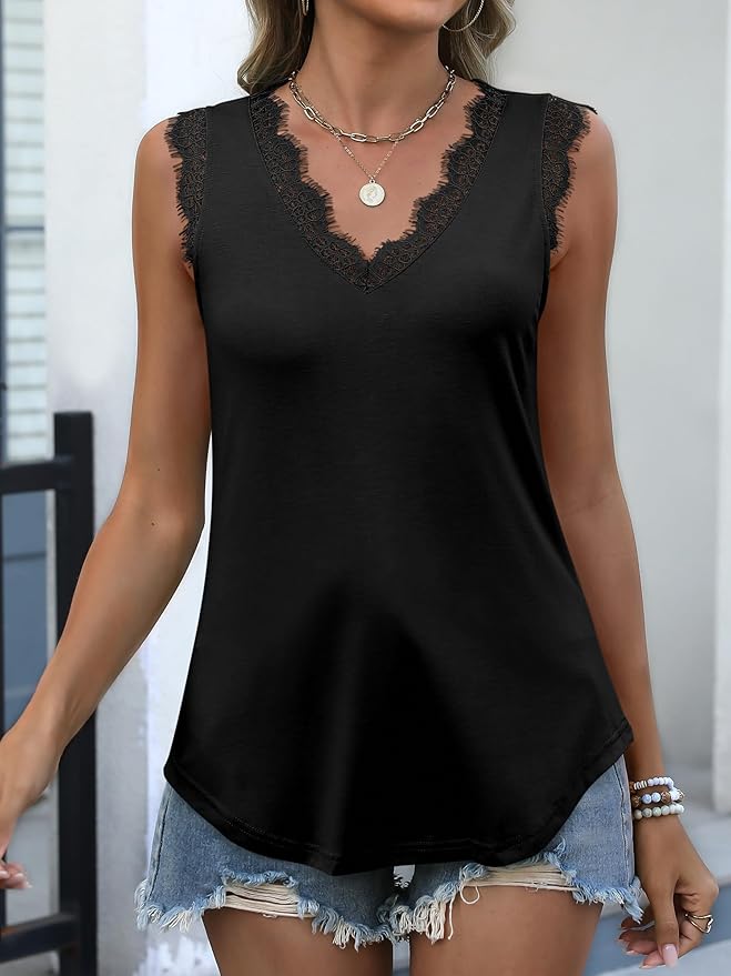 ANRABESS Womens Lace Trim Tank Tops V Neck Sleeveless Shirts 2026 Summer Casual Trendy Dressy Cami Top