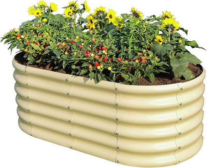 Land Guard 18“ Tall Outdoor Metal Raised Garden Bed, Oval Deep Root Planter Box for Vegetables, Flowers, Herbs, 89 Gallon Capacity - Cream Yellow