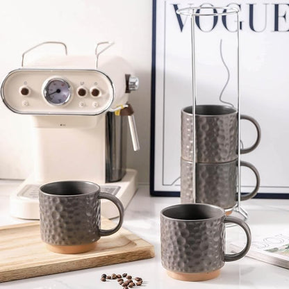 Nihow 16 Oz Ceramic Coffee Mug Set of 4 with Stackable Stand,Matte Gray | Stackable, Stainless Stand Included, Cappuccino & Tea, Hot/Cold Drinks, Dishwasher & Microwave Safe