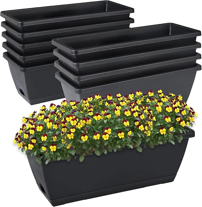 Window Box Planter, 10 Pack Plastic Vegetable Flower Planters Boxes 17 Inches Rectangular Flower Pots with Saucers for Indoor Outdoor Garden, Patio, Home Decor (Black)
