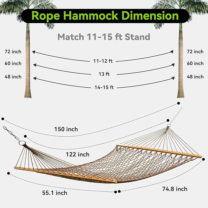 Double Hammock for 2 Person, Handwoven Rope Hammock with Spreader Bar - Indoor & Outdoor Use for Patio, Poolside, Backyard (Brown)
