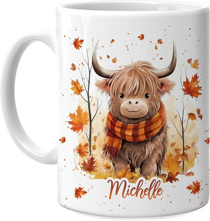 Hyturtle Personalized Fall Highland Cow Maple Leaves Coffee Mug Décor | Birthday Gifts For Cow Lovers - Fall Autumn Gifts For Farmhouse Thanksgiving - Custom Name 11oz White Ceramic Coffee Tea Mug