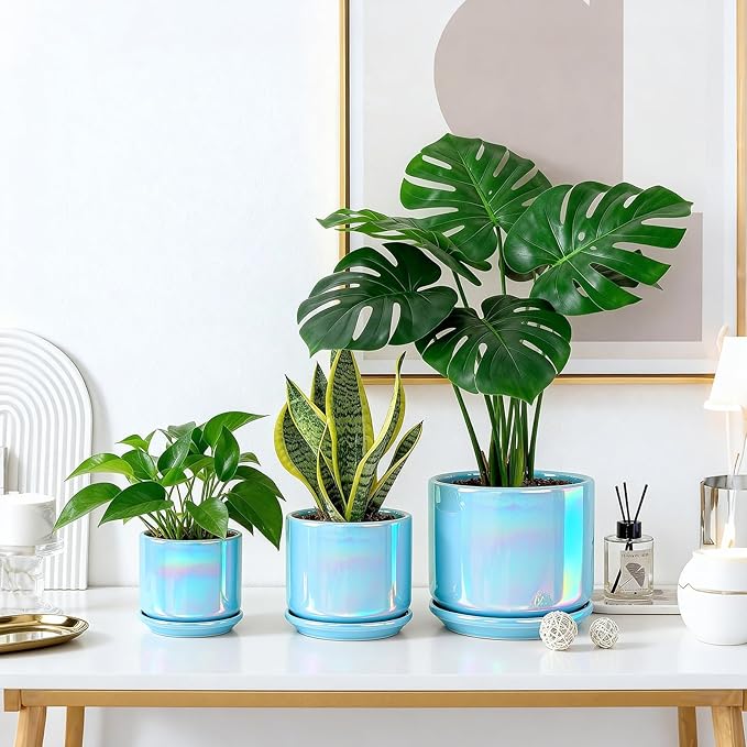 EFISPSS Ceramic Planter 4+5+6 Inch Ceramic Flower pots for Indoor Plants with Drainage,for Succulent Cactus,Garden Planters,Modern Decorative for Home Blue Pearl Glaze Plant Pots