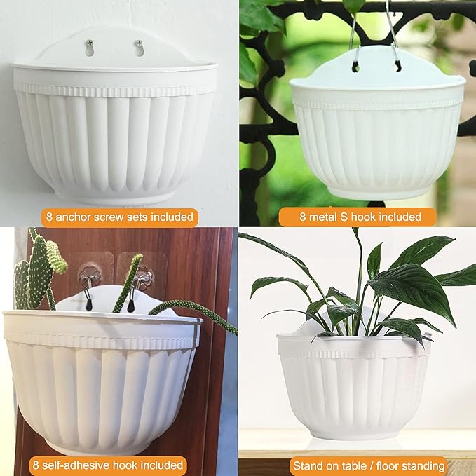 ORIMERC 4 Pack White Wall Planter Pots Vertical Living Wall Hanging Planters Wall Mounted Planter Holder with Drainage Hole for Indoor Outdoor Plants Wall Decor with Hooks/Screws