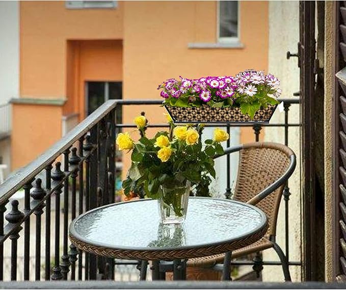 2 Set Deck Railing Planter Box 24" Black Metal Garden Trough Deck Planter English Horse Trough Window Box with Coco Liners