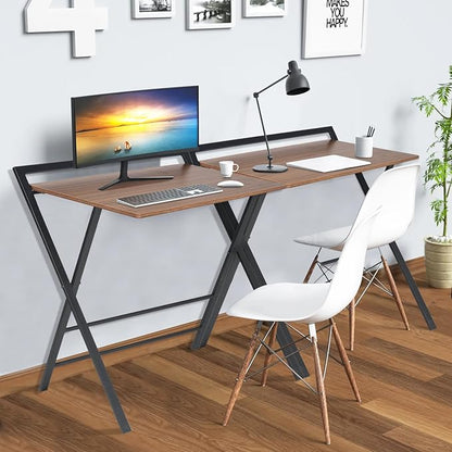 Folding Desk, Foldable Table Space Saving Computer Sturdy Writing Table Workstation for Home Office with Metal Frames/Wood Top Laptop, No Assembly Required, Brown