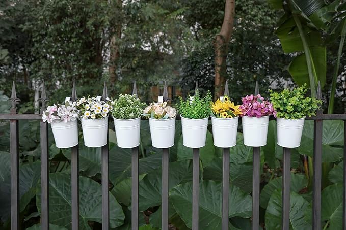Dahey 10 Pcs Hanging Flower Pots Metal Iron Bucket Planter for Railing Fence Balcony Garden Home Decoration Flower Holders with Detachable Hooks, White, 5 inches