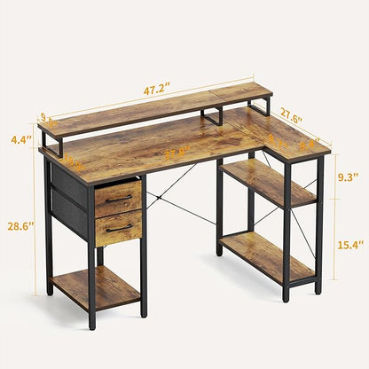 CubiCubi L Shaped Computer Desk with Monitor Stand & Shelves, 47 Inch Corner Home Office Desk Writing Table with Storage Drawer, Brown
