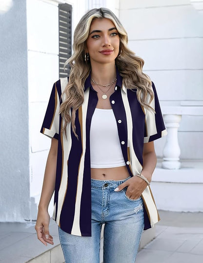 Zeagoo Button Down Shirts for Women Short Sleeve Collared Tops Dressy Casual V Neck Blouses