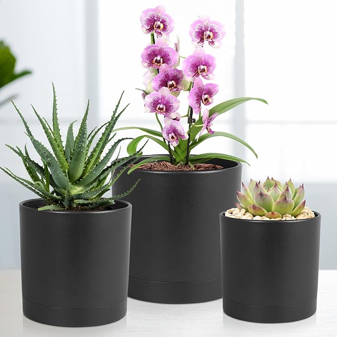 6/5/4 inch Flower Pots, Set of 3 Cylinder Plant Pots for Small Indoor Outdoor Plants, Plastic Planters with Drainage Holes and Saucers for Garden Succulent Nursery House Plants, Black