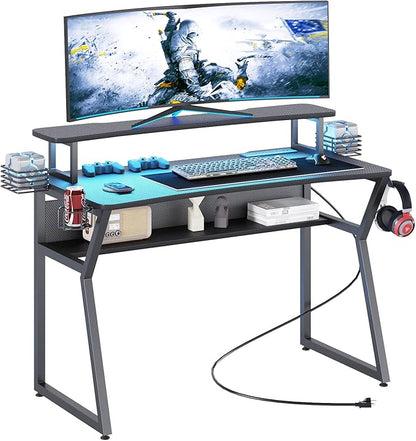 Gaming Desk with Power Outlet&Led Lights, Computer Desk with Monitor Stand and Open Shelf,Gamer Table Workstation with Cup Holder, Headphone Hook, 2 Speaker Stand for Home Office