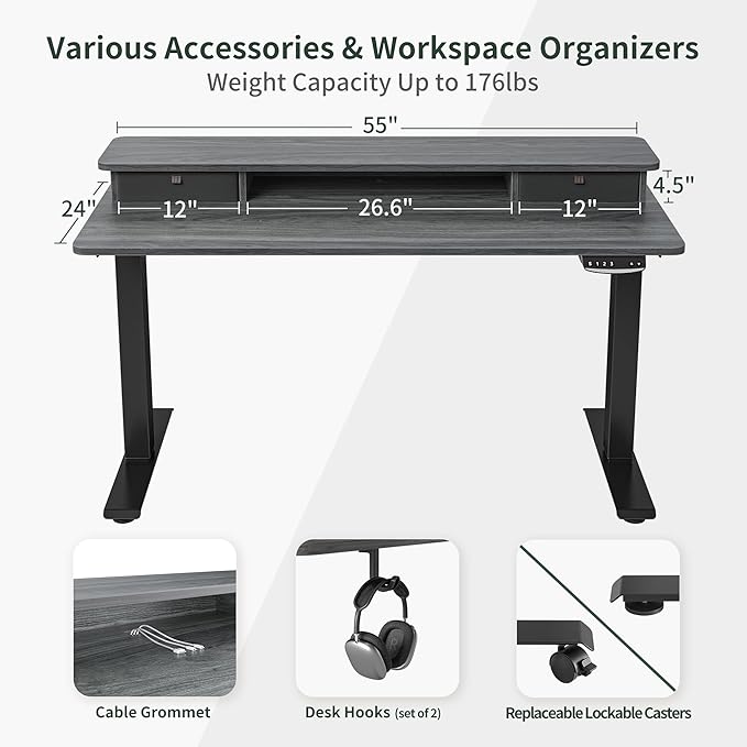 FEZIBO 55 x 24 Inch Height Adjustable Electric Standing Desk with Double Drawer, Stand Up Desk with Storage Shelf, Sit Stand Desk, Grey