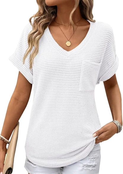 Dokotoo Womens Waffle Knit Tops 2026 Spring Summer V Neck Shirts Casual Trendy Women's Blouses Basic Tee