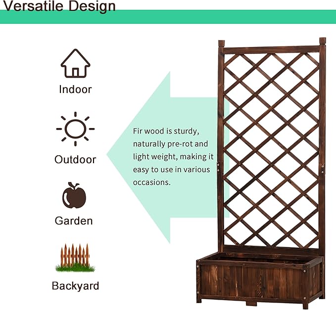 Anraja Raised Garden Bed Planter with Trellis Outdoor Wood Box 67in Set of 2 Flower Standing Planter Box Privacy Lattice Panels with Legs for Patio Porch w/Drainage Holes 29.5" L x 17.0" W x 67.0" H