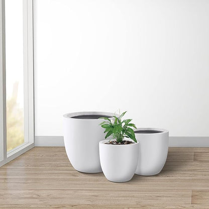 Kante 20",16.5",13.4" Dia Round Concrete Planters (Set of 3), Outdoor Indoor Modern Decorative Plant Pots with Drainage Hole & Rubber Plug for Home & Garden, Pure White