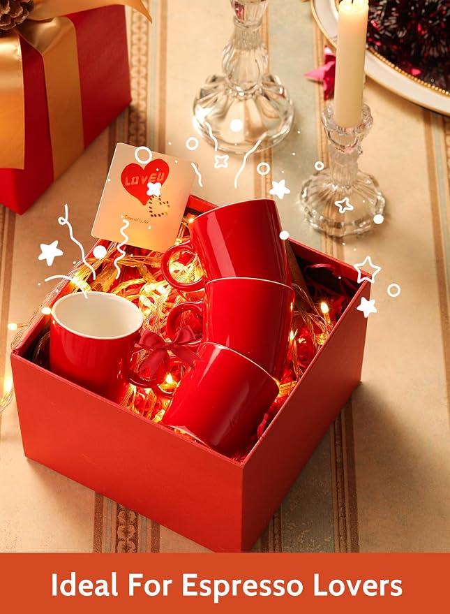 Sweese 3.5oz Porcelain Espresso Cups Set of 4, Mini Coffee Mugs Demitasse Cups - Red