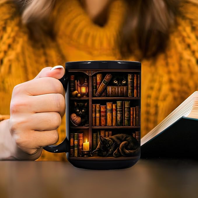 Hyturtle Black Cat Bookshelf Coffee Mug 15 Oz, Book Lover Gift for Women | Includes Matching Mini-Book Keychain; Cozy Literary Ceramic For Readers, Librarians And Bookworms On Birthdays Or Christmas