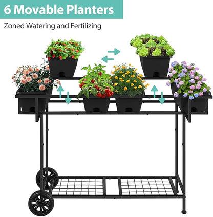 YBING Raised Garden Bed Outdoor with Wheels 42x17x29in Elevated Planter Box with Legs and Storage Shelf 6 Pocket Herb Garden Planter for Balcony Patio Deck Black