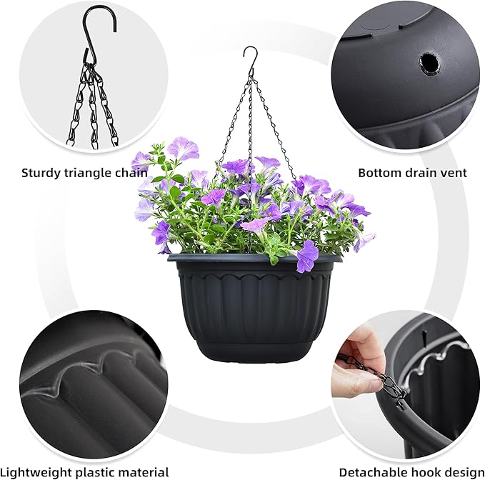 YIKUSH Planters for Outdoor Plants 2 Pack Black Plant Pots with Drainage Hole and Absorbing Tray Hanging Planters for Indoor Plants (12 inch, 3 Hooks)