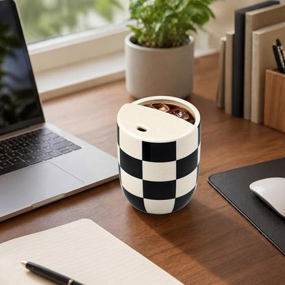 Ceramic Mug with Sip Hole 10 oz Novelty Checkered Coffee Mug | Hand Painted, Ceramic Cup, Heat Resistant, Non Slip, Built in One Lid Handcrafted Mugs for Coffee Lovers