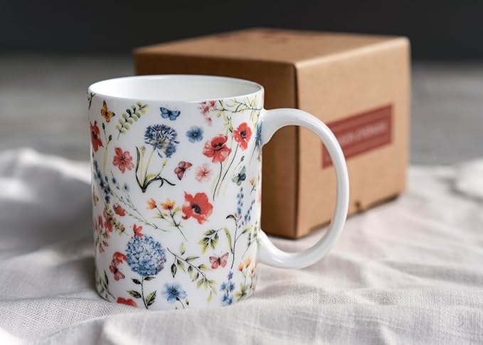 Maison d' Hermine Coffee Mug with Handles Tea Cups (12 Ounce, Pack of 1) | Fine Bone China Coffee Mugs for Hot Beverages Cappuccino Latte Home Restaurant Spring Summer -Just Floral - Blues 'N Redz