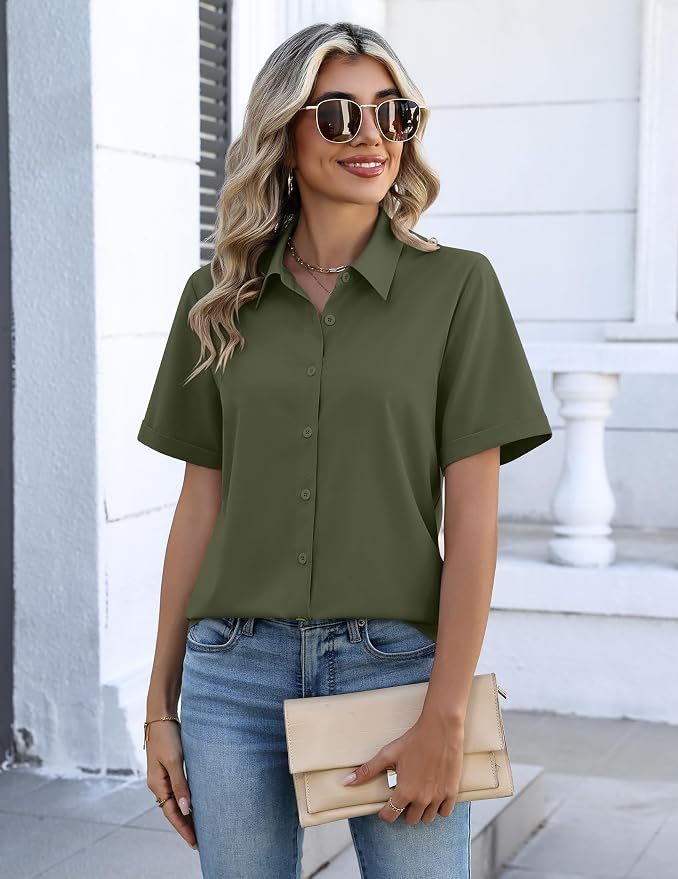 Zeagoo Button Down Shirts for Women Short Sleeve Collared Tops Dressy Casual V Neck Blouses