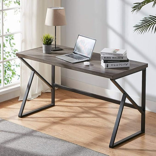 HSH Industrial Home Office Desk, Metal and Wood Computer Desk, Rustic Vintage Soho Work Study Writing Table, Modern PC Desk for Livingroom Bedroom, Farmhouse Computer Table Grey 55 inch Wide