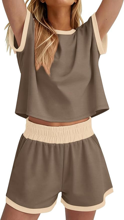 WIHOLL Two Piece Sets for Women Summer Lounge Short Sets Cap Sleeve Crew Neck Sweatsuit with Pocket XS-2XL