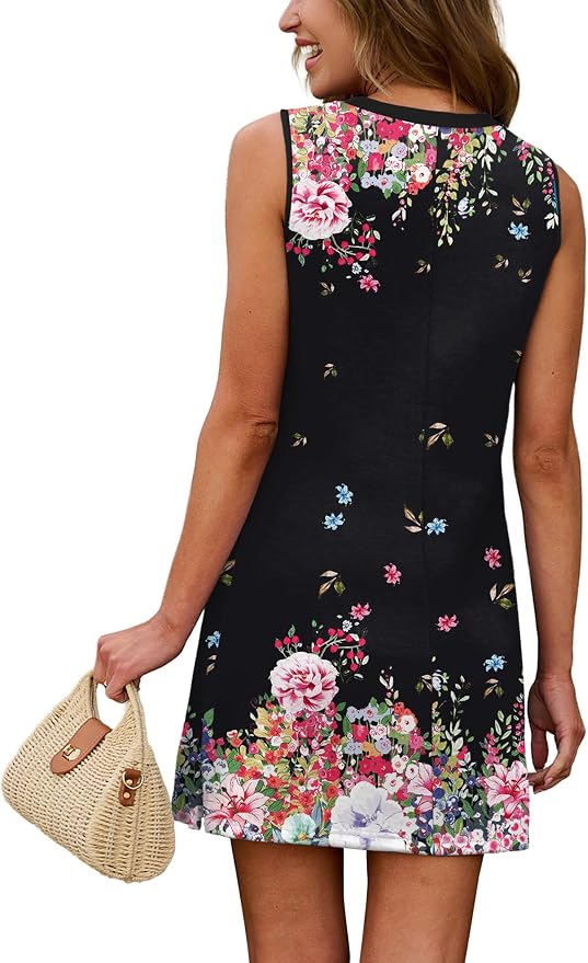 WIHOLL Casual Dresses for Women Crewneck Sleeveless Tank Dress Summer Spring Boho Vacation Clothes