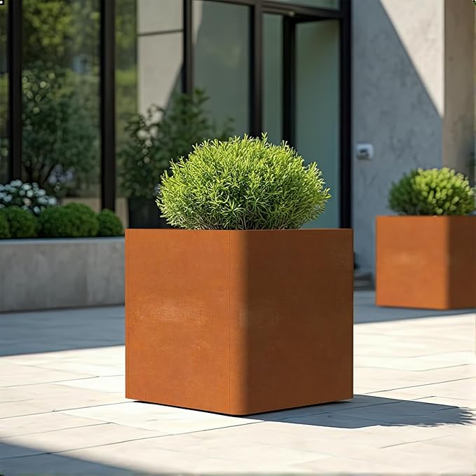 Corten Steel Planter Box 24" L x 24" W x 24" H,Large Metal Square Planter for Outdoor Plants,Metal Cube Flower Pot with Drainage Hole for Porch Hotel Patio Yard
