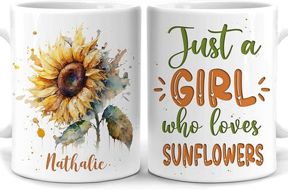 Hyturtle Personalized Gifts Sunflower Lover - Just A Girl Who Loves Sunflowers Custom Name Ceramic Coffee Mug Cup 11oz - Perfect Idea Gifts For Women, Girl Daughter On Birthday, Christmas