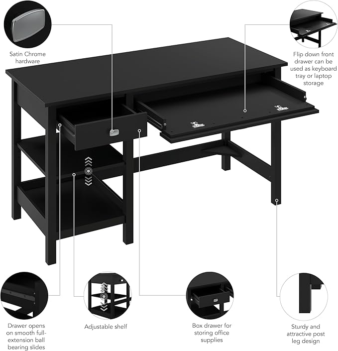 Bush Furniture Broadview 54W Computer Desk with Shelves in Classic Black| Personal Workstation Table and Storage for Home Office Workspace