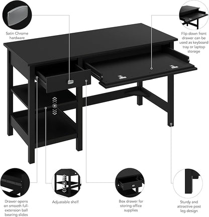 Bush Furniture Broadview 54W Computer Desk with Shelves in Classic Black| Personal Workstation Table and Storage for Home Office Workspace